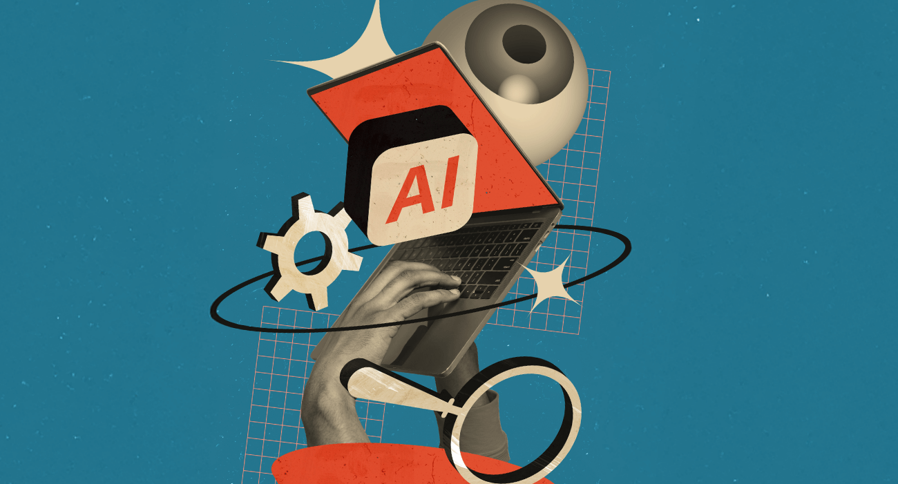 Conceptual illustration about artificial intelligence: a hand typing on a laptop with the “AI” symbol, surrounded by gears, a magnifying glass and geometric shapes on a blue background.