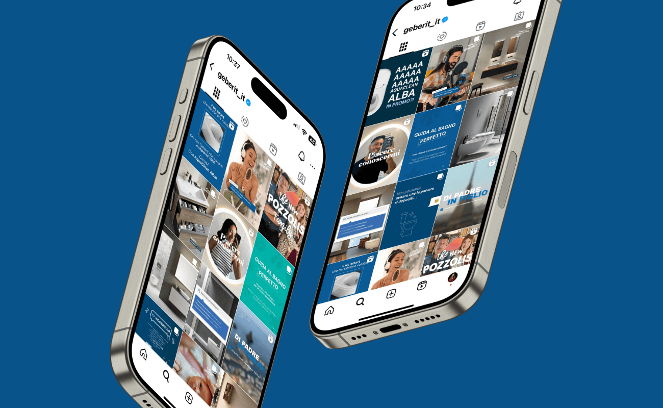 Due smartphone mostrano il feed Instagram di Geberit Italia, con contenuti visivi dedicati a design del bagno, benessere e tecnologia, su sfondo blu istituzionale.
