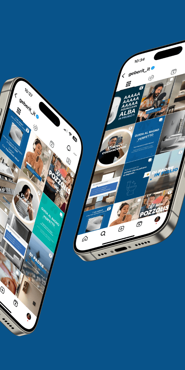 Due smartphone mostrano il feed Instagram di Geberit Italia, con contenuti visivi dedicati a design del bagno, benessere e tecnologia, su sfondo blu istituzionale.
