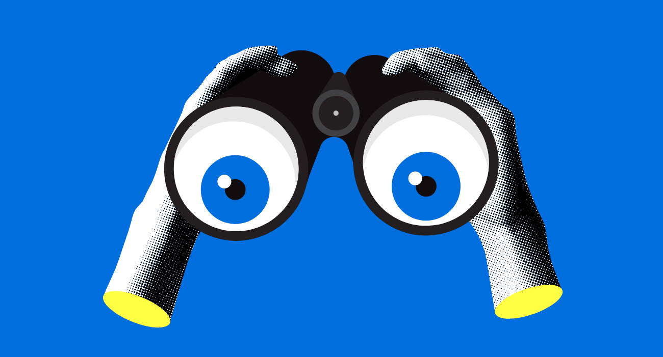 Illustration of hands holding binoculars with large stylized eyes, set against a bright blue background.