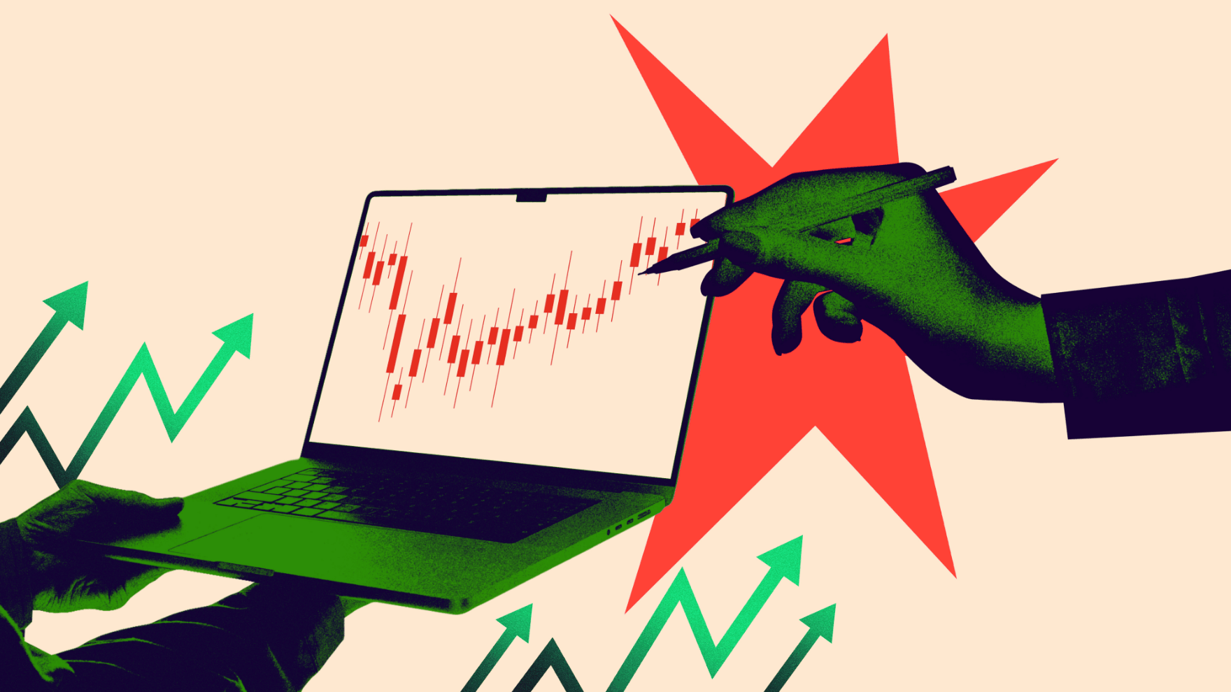 Illustrazione stilizzata di un drago verde e viola con ali spiegate, sovrapposto a un grafico finanziario con linee e frecce in crescita su sfondo chiaro.