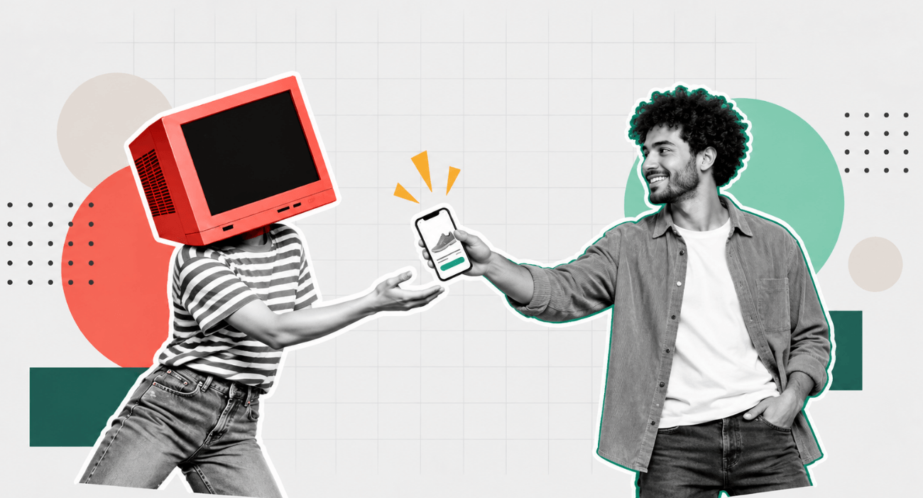 Collage creativo con due persone che si scambiano uno smartphone, tra elementi grafici geometrici e un monitor al posto del volto.